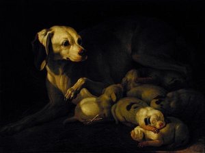 The Bitch Hound Nursing her Puppies, detalj efter ett original av Jean-Baptiste Oudry, 1755