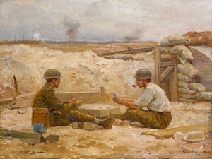 Två brittiska officerare spelar kort utanför sin dugout, Secteur de Bapaume, 1918-20 av Jean Jacques Berne-Bellecour