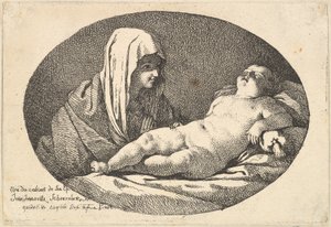 Jungfrun till vänster tittar på spädbarnet Kristus när han sover, en oval sammansättning, efter ..., 1760-63. av Jean Jacques Lagrenee