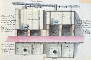 Design för system för uppvärmning av vatten på Hotel de Montholon i Paris, ca 1787 (wc på papper)