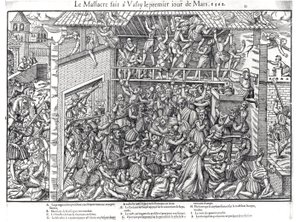 Massakern på den protestantiska befolkningen av hertigens trupper i Wassy-sur-Blaise den 1 mars 1562, graverad av Jacques Tortorel (1568-92). av Jean Jacques Perrissin