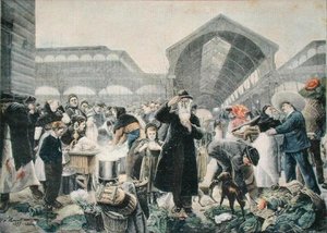 Soup Stand på Les Halles Market in the Morning, illustration från Le Petit Journal, 2 mars 1897, graverad av Fortune-Louis Meaulle (1844-1901) av Jean Jacques after Rousseau