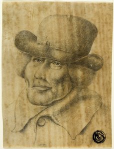 Porträttbyst av en gammal man som bär hatt och överrock