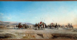 Letar efter en camping karavaner av nomader och kameler i öknen. Målning av Jean Joseph Bellel (1816-1898) Montpellier från 1800-talet, Musee Fabre - Letar du efter ett läger. Nomadiska karavaner och kameler i öknen. Målning av Jean Joseph Bellel (1816-189 av Jean Joseph Bellel