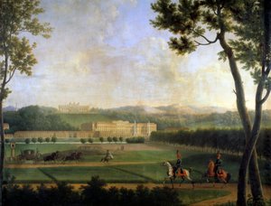 Utsikt över det kejserliga slottet i Schonbrunn, Wien Österrike. Detta är habsburgarnas sommarresidens byggt i slutet av 1600-talet av Johann Fischer von Erlach. Detalj av en målning av Joseph Bidault (1758-1846) 1810 Paris, msuee Marmottan