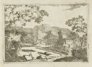 Flodlandskap med hus och torn av Jean Joseph Hanson