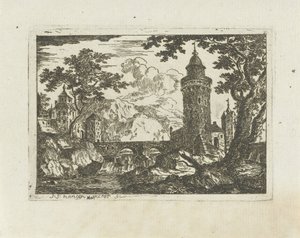 Torn och stenbro i ett bergslandskap