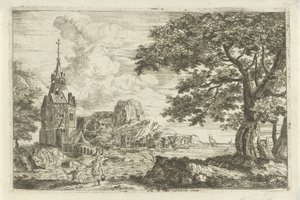 Fiskare vid en kyrka vid en kust
