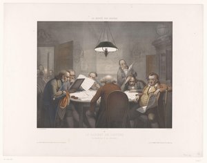 Lässkåp med läsande män vid ett runt bord Le cabinet de lecture / Läsklubben / Das Lesecabinet (titel på objekt) Museum of Laughers (serietitel) Le musée des rieurs (serietitel på objekt) av Jean Julien Jacott