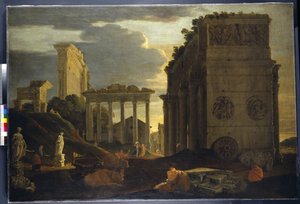 Capriccio-vy med figurer av en triumfbåge och templen för Saturnus och Jupiter Tonans (olja på duk)