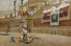 Gladiatorer i den romerska arenan: åskådarna gör tummen ner för att signalera att segraren inte ska skona sin motståndare. Kromolitografi efter målning av JL Gerome. av Jean Leon Gerome