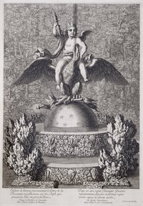 Fontäner med ett barn som representerar den kungliga maktens geni av Pierre le Gros, i Versailles, 1677 av Jean Lepautre