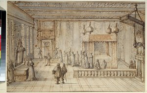Kung Ludvig XIV:s (1638-1715) sovrum i Versailles. Kung Ludvig XIV:s kammare i Versailles. Teckning av Jean Le Pautre (1618-1682)