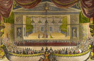 Representation av de imaginära sjuka i Versailles Representationen av pjäsen av Jean Baptiste Poquelin dit Moliere (1622-1673) framför grottan Thetis (Thetys) i Versailles trädgårdar i närvaro av kung Ludvig XIV, plats i centrum