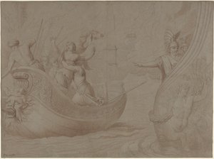 The Abduction of Helen of Troy (penna och svart bläck med brun lavering på grått liggande papper)