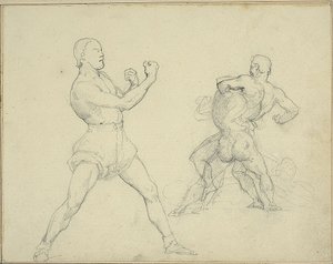 Boxare vänd åt höger och två män brottas av Jean Louis André Théodore Géricault