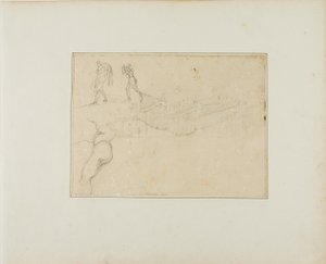 Tvärsnitt av en pelarsal och tre figurskisser av Jean Louis André Théodore Géricault