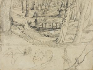 Skogsinteriör med halmtak och andra skisser av Jean Louis André Théodore Géricault