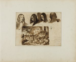 Fyra vyer av ett kvinnohuvud; en parad inför Ludvig XVIII