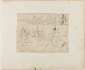 Blad med skisser: Kavalleristrider och beridna soldater av Jean Louis André Théodore Géricault
