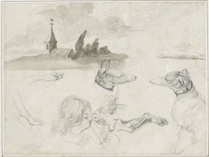 Blad med skisser: Vinthundar; ett manligt och ett kvinnligt huvud i av Jean Louis André Théodore Géricault