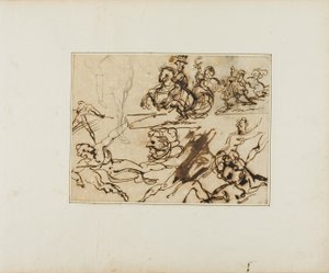 Blad med skisser: Lansiärer, kämpande nakenstudier, andra motiv av Jean Louis André Théodore Géricault