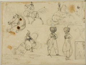 Blad med skisser: Soldater, hästar och ett landskap av Jean Louis André Théodore Géricault