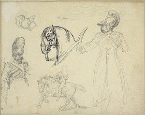 Skisser av hästar och soldater av Jean Louis André Théodore Géricault