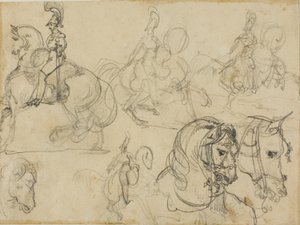 Skisser av beridna karabinjärer och hästhuvuden av Jean Louis André Théodore Géricault