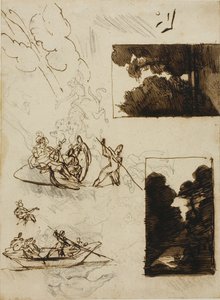 Skisser av en skogsstig och en musikalisk båtfest av Jean Louis André Théodore Géricault