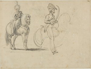 Skisser av en beriden Chasseru och en kavalleriofficer med dragen sabel av Jean Louis André Théodore Géricault