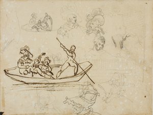 Skisser av ett musikaliskt båtsällskap och av en kvinna med hög hatt av Jean Louis André Théodore Géricault