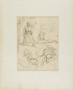 Studier av en smed och ett hästhuvud med skisser av andra figurer och en kanin av Jean Louis André Théodore Géricault