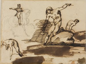 Studie av Napoleon till häst med skisser av nakna personer bland stenar av Jean Louis André Théodore Géricault