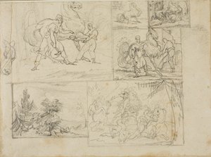 Tre studier med skisser av ett skogslandskap och ett kavallerislag av Jean Louis André Théodore Géricault