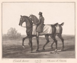 Ryttare följer med två hästar Chevaux de Carosse (titel på objekt) av Jean Louis Darcis (attributed to)