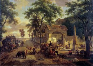 En landskapsväg med vagn av bönder, flockar och herdar. Målning av Jean Louis Demarne (1744-1829) 1800-talet. Dämpa. 0,5x0,61 m.