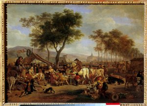 Mässa vid ingången till en by Scen för mat och handel på en bymässa. Målning av Jean-Louis Demarne (1744-1829) Sön. 036x0,5 m
