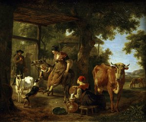 På bondgården. En scen från livet på landsbygden par Demarne, Jean-Louis (Jean Louis de Marne ou de Marnette) (ca 1752-1829). Olja på duk, andra hälften av 1700-talet, State A. Radishchev Art Museum, Saratov