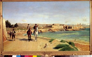 Antibes, ridturen. Konstnären och hans son Charles (1848-1917), målare. Målning av Ernest Meissonier (1815-1891) av Jean Louis Ernest Meissonier