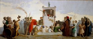 Dante Alighieri, Cynikern Diogenes, Sokrates och Homeros finns bland publiken. Målning av Jean Louis Hamon (1821-1874)