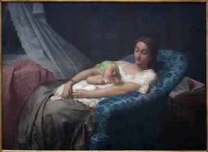 Den unga mamman. Målning av Jean Louis Hamon (1821-1874), Olja på duk