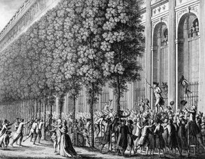 Franska revolutionen: Rörelse gjord på det kungliga slottet av Camille Desmoulins (1760-1794) den 12 juli 1789. Gravyr av Berthaut efter Prior. Paris, biblioteket vid Institutet för revolutionshistoria