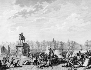 Franska revolutionen: Place Louis XV, drakarna av Charles Eugene de Lorraine, Prince of Lambesc (1754-1825) lastade en kortege som bar byster av Jacques Necker (1732-1804) och hertigen av Orleans den 12 juli 1789. Gravyr av Berthaut efter Prior. Paris,