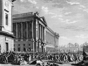 Franska revolutionen: Plundringen av vapen vid möbelvakten (eller möbelförrådet nu Hotel de la Marine) den 13 juli 1789, Place de la Concorde, Paris: folkmassan, som var orolig över att utländska regementen omringade huvudstaden, grep vapnen av t