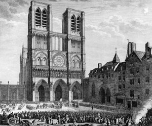 Franska revolutionen: Thomas de Mahy, markis de Favras (1744-1790) gör gott inför Notre Dame de Paris på ön la cite den 19 februari