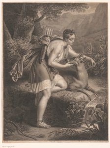 Dianas nymf tar en pil från halsen på ett rådjur La Nymphe de Diane (titel på objekt) av Jean Louis Potrelle