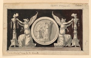 Dekorativ panel: Medaljong med en offerscen mellan två segrar som pryder kandelabrar av Jean Louis Prieur the Younger