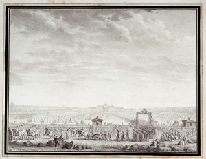 Franska revolutionen: "" Les troupes du Champ-de-Mars avgår till Place Louis XV: 12 juli 1789"" Teckning i bläck och tvätt av Jean-Louis Prieur (1759-1795) 1700-talet. Storlek 0,17x0,23 m. Paris, Carnavalet-museet