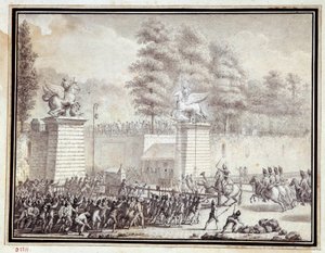 Franska revolutionen: "" Monsieur de Lambesc går in i Tuilerierna med en avsättning från det kungliga tyska regementet den 12 juli 1789"" Teckning i bläck och tvätt av Jean-Louis Prieur (1759-1795)